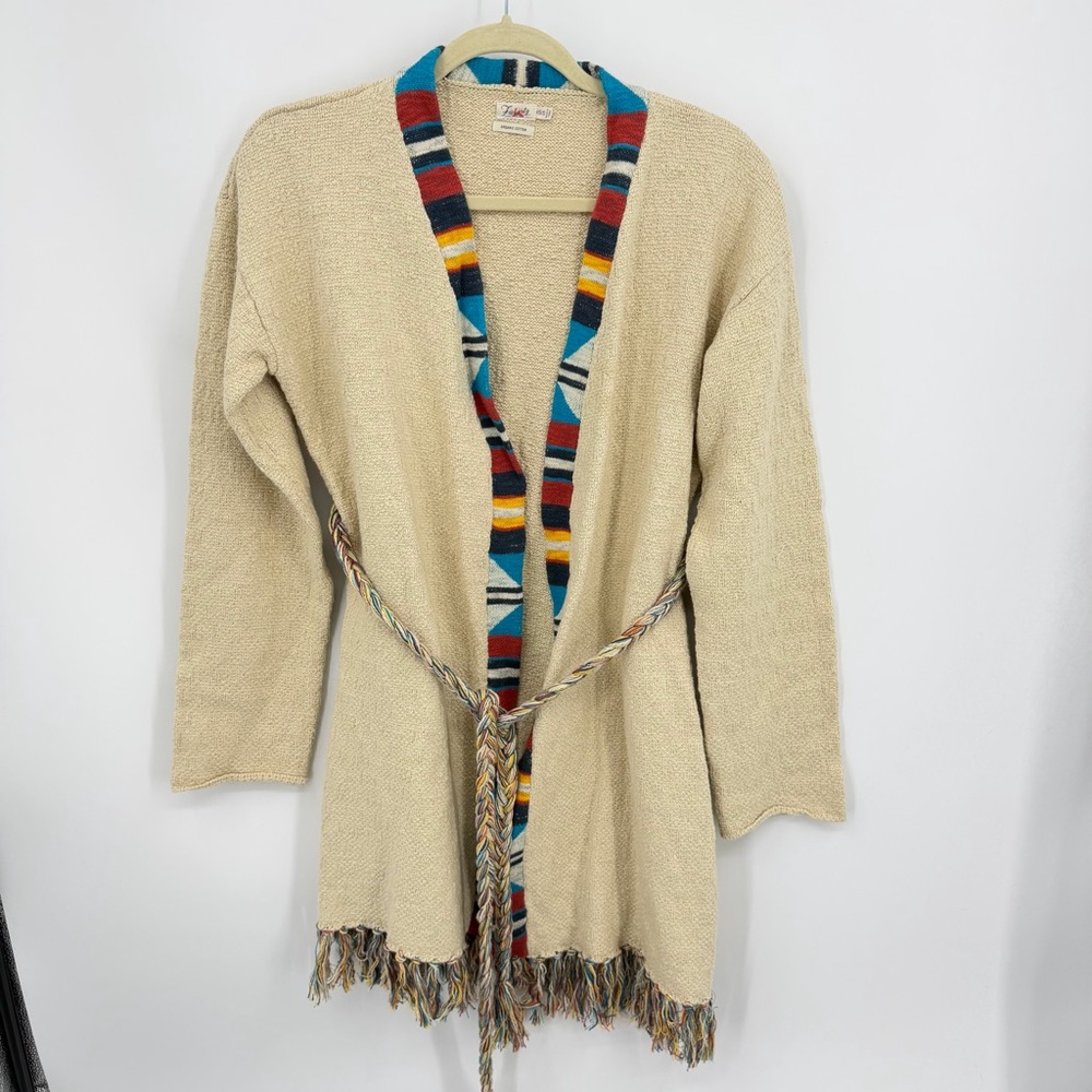 Faherty Crow Stripe Duster Cardigan organic cotton braided belt fringe sz XS/S